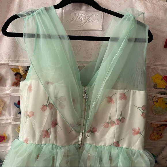 Barbie x Unique Vintage 1960s Green Chiffon & Rose Modern Art Swing Dress - Picture 8 of 12